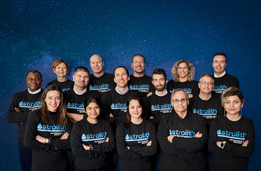 Astrolith team: 15 professors in 3 rows with a starry background