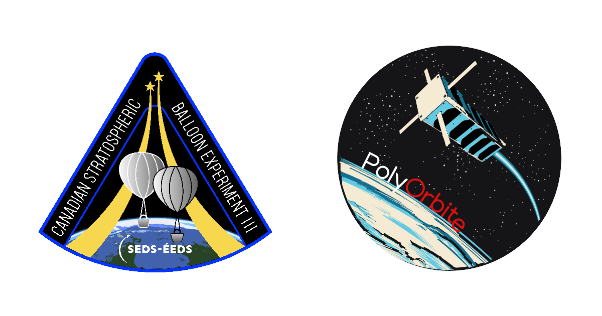 Les écussons de la troisième édition du Défi CAN-SBX et de la société technique PolyOrbite. (Images : Étudiants pour l’exploration et le développement spatial; PolyOrbite)
