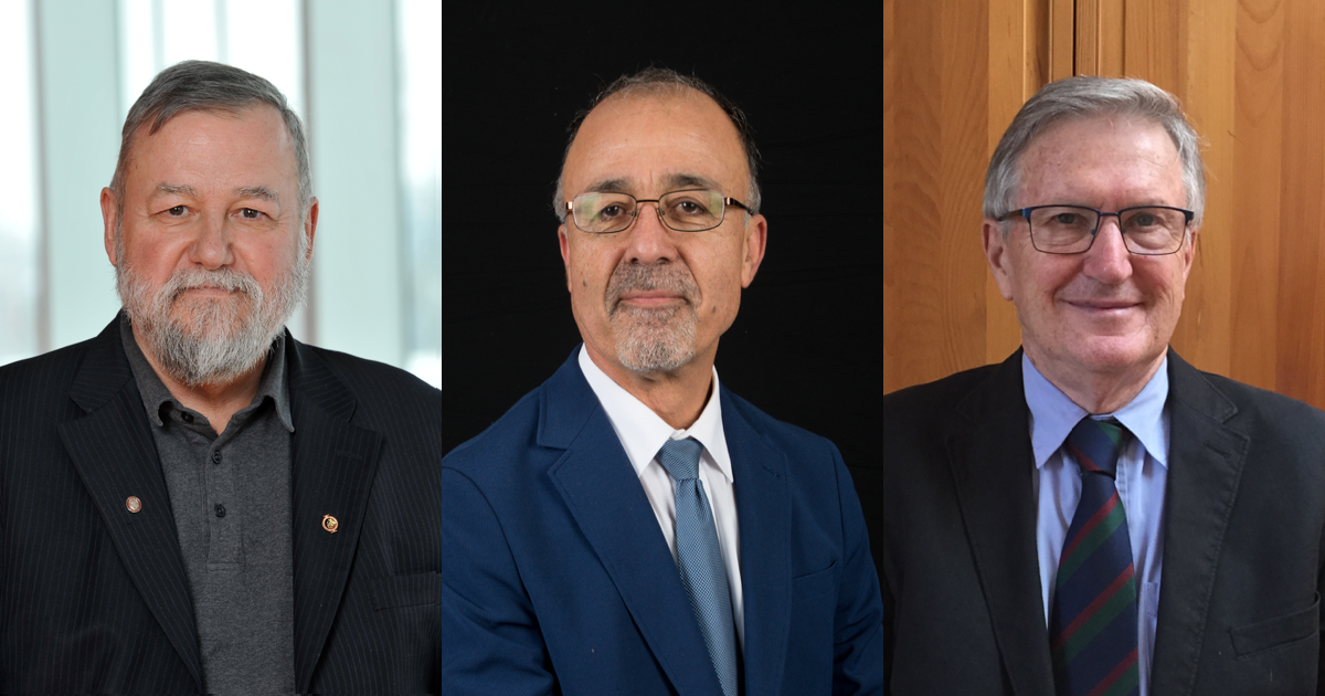 De gauche à droite : Michel Perrier, professeur émérite au Département de génie chimique; Mohamad Sawan, professeur émérite au Département de génie électrique; François Trochu, professeur émérite au Département de génie mécanique. De gauche à droite : Michel Perrier, professeur émérite au Département de génie chimique; Mohamad Sawan, professeur émérite au Département de génie électrique; François Trochu, professeur émérite au Département de génie mécanique.