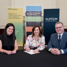 Left to right: Stéphanie Vaillancourt, President of AtkinsRéalis for Canada, Maud Cohen, President of Polytechnique Montréal, and Michael Keroullé, President of Alstom Americas. (Photo: Mathieu Deshayes)