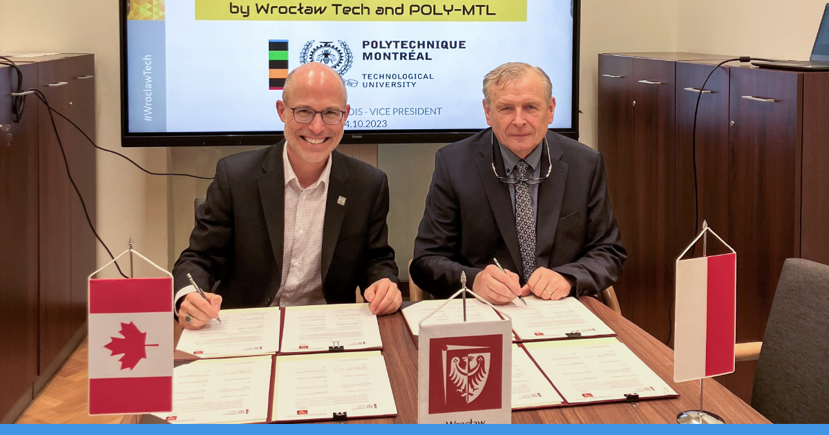 Pierre Langlois, professeur titulaire et directeur des affaires académiques et de l’expérience étudiante à Polytechnique Montréal, et Pr. Dariusz Łydżba, vice-recteur, Partenariats à l'École polytechnique de Wrocław. (Photo : Julie Defretin) Pierre Langlois, professeur titulaire et directeur des affaires académiques et de l’expérience étudiante à Polytechnique Montréal, et Pr. Dariusz Łydżba, vice-recteur, Partenariats à l'École polytechnique de Wrocław. (Photo : Julie Defretin)