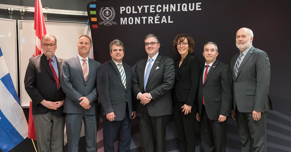 Miguel Anjos et les dignitaires présents lors de l'inauguration de la Chaire de recherche industrielle CRSNG-Hydro-Québec-Schneider Electric en optimisation des réseaux électriques intelligents Miguel Anjos et les dignitaires présents lors de l'inauguration de la Chaire de recherche industrielle CRSNG-Hydro-Québec-Schneider Electric en optimisation des réseaux électriques intelligents