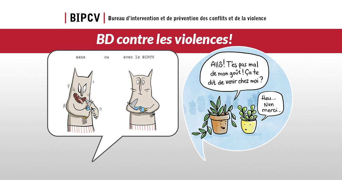 Publiées à une fréquence mensuelle, les bandes dessinées du projet BD contre les violences! du BIPCV sont produites par les bédéistes Denis de Wind (dessin à gauche) et Bach (dessin à droite). Publiées à une fréquence mensuelle, les bandes dessinées du projet BD contre les violences! du BIPCV sont produites par les bédéistes Denis de Wind (dessin à gauche) et Bach (dessin à droite).