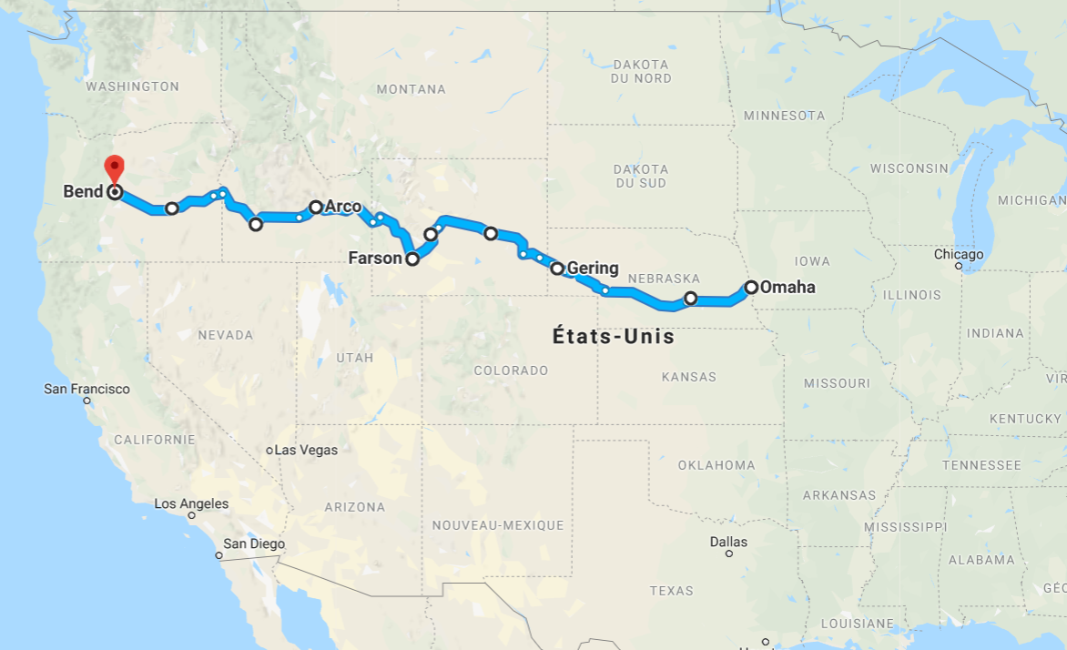 Carte de l'American Solar Challenge 2018 Carte de l'American Solar Challenge 2018