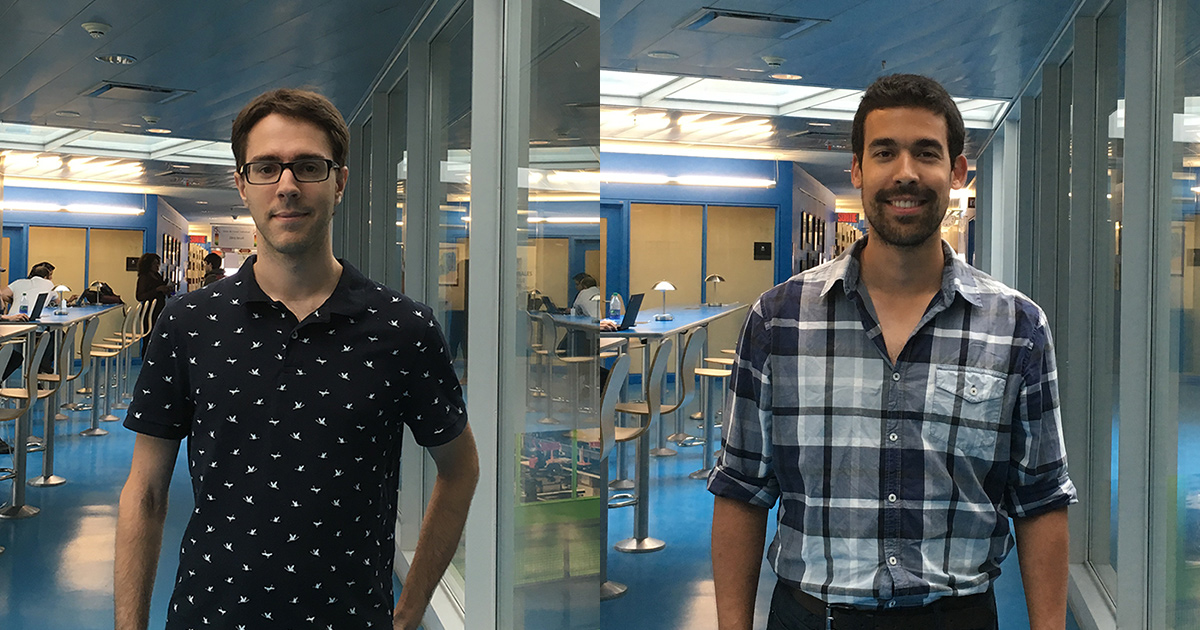 De gauche à droite : Charles Coulombe, étudiant au doctorat au Département de génie mécanique de Polytechnique Montréal; Karim Achouri, étudiant au doctorat au Département de génie électrique de Polytechnique Montréal. De gauche à droite : Charles Coulombe, étudiant au doctorat au Département de génie mécanique de Polytechnique Montréal; Karim Achouri, étudiant au doctorat au Département de génie électrique de Polytechnique Montréal.