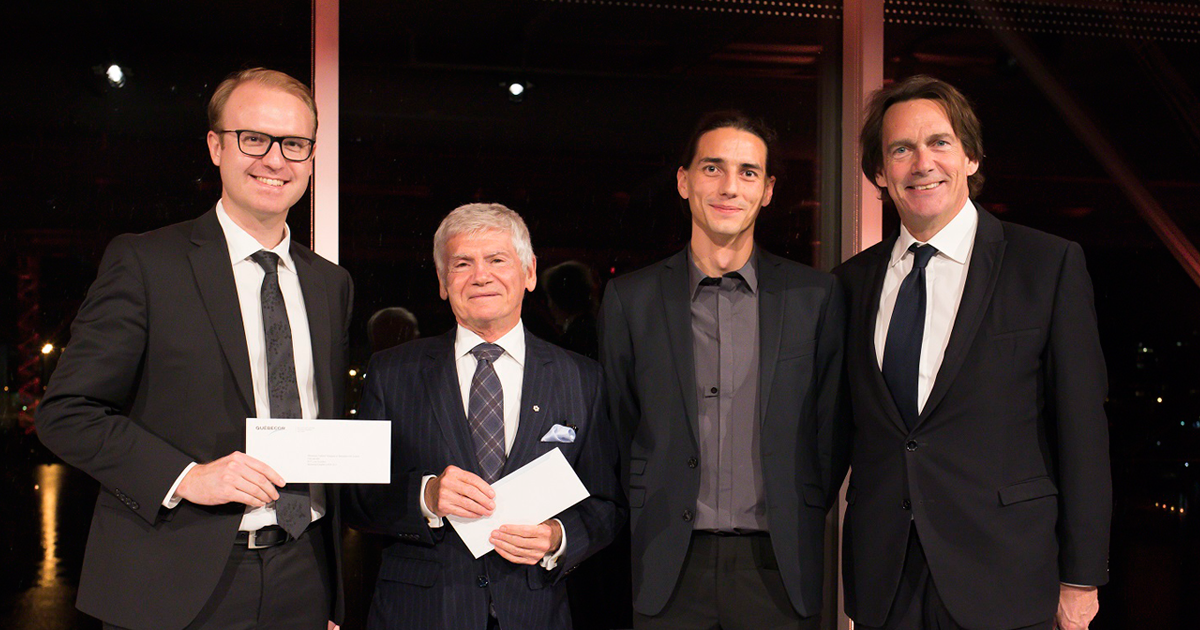 Benjamin De Leener, Pierre Laurin, Gabriel Mangeat et Pierre Karl Péladeau, lors de la remise des Bourses Pierre-Péladeau 2018. Benjamin De Leener, Pierre Laurin, Gabriel Mangeat et Pierre Karl Péladeau, lors de la remise des Bourses Pierre-Péladeau 2018.
