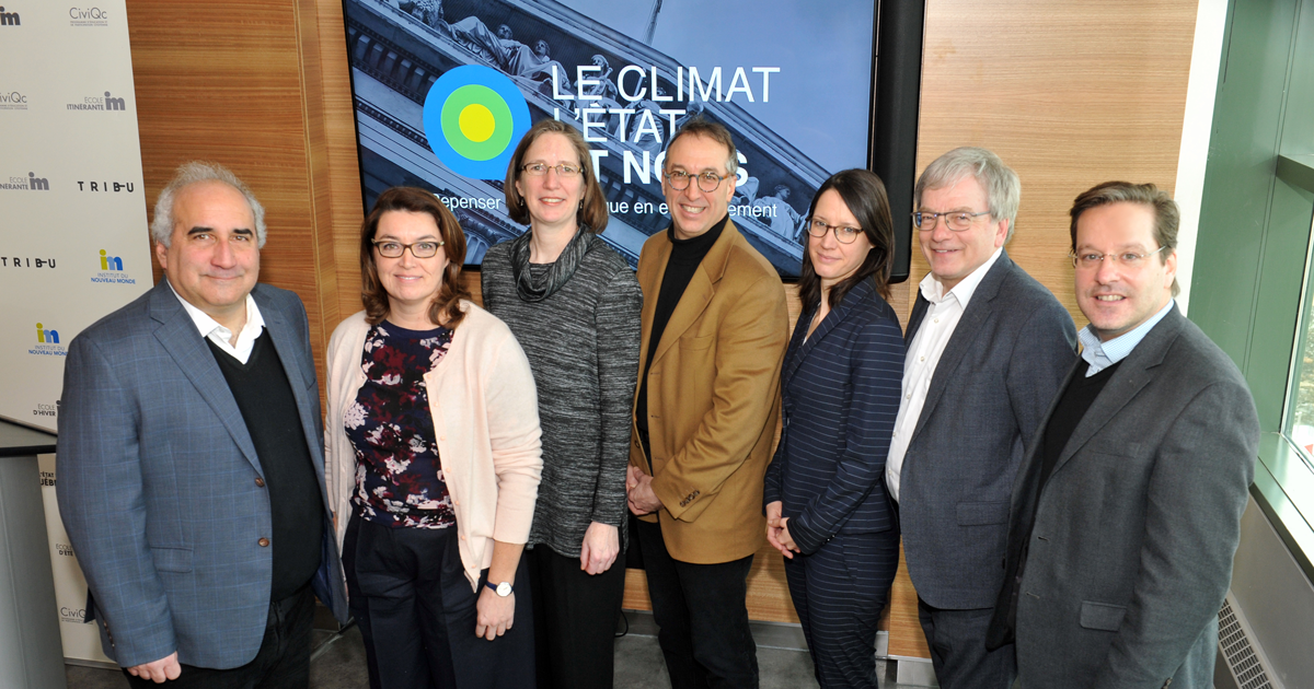 Le comité de pilotage du projet Le climat, L’État et nous, accompagné du scientifique en chef du Québec, Le comité de pilotage du projet Le climat, L’État et nous, accompagné du scientifique en chef du Québec.