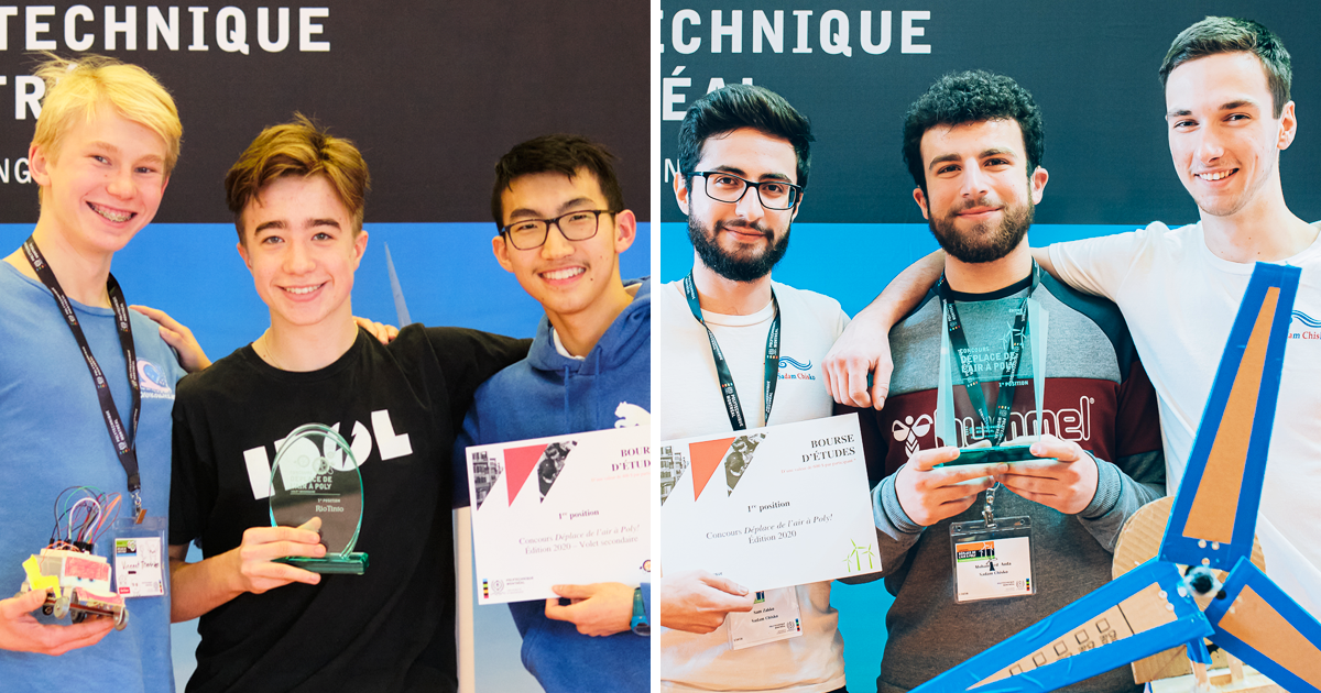 Les équipes gagnantes des volets secondaire et collégial du concours Déplace de l’air à Poly 2020. (Photos : Isabelle Racine; Caroline Perron photographies) Les équipes gagnantes des volets secondaire et collégial du concours Déplace de l’air à Poly 2020. (Photos : Isabelle Racine; Caroline Perron photographies)