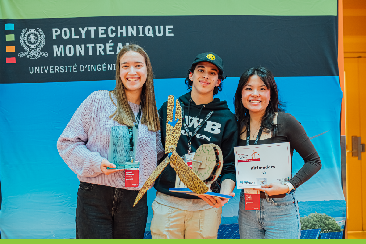 Les membres de l'équipe « airbenders » au concours « Déplace de l'air » 2025 à Polytechnique Montréal. (Photo : Caroline Perron) Les membres de l'équipe « airbenders » au concours « Déplace de l'air » 2025 à Polytechnique Montréal. (Photo : Caroline Perron)
