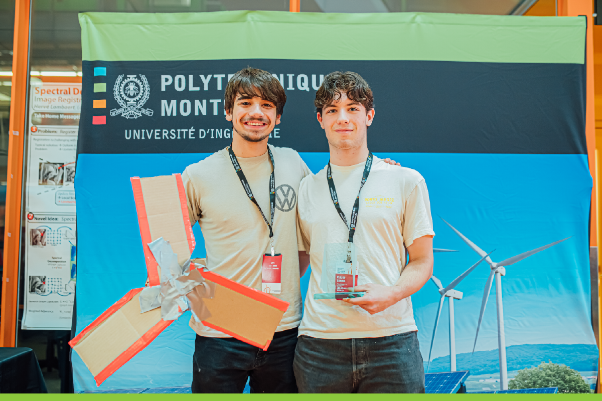 Les membres de l'équipe « Les cellules de Hadley » au concours « Déplace de l'air » 2025 à Polytechnique Montréal. (Photo : Caroline Perron) Les membres de l'équipe « Les cellules de Hadley » au concours « Déplace de l'air » 2025 à Polytechnique Montréal. (Photo : Caroline Perron)