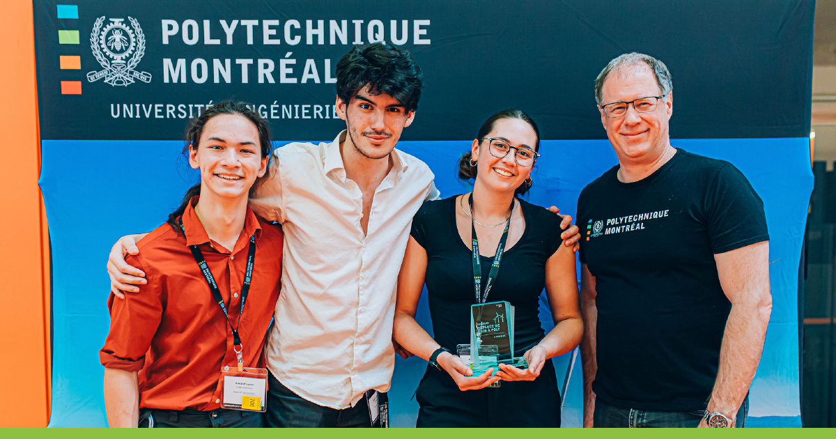 Les membres de l'équipe « Les trois pales » et Jean-François Frigon, directeur du Département de génie électrique. (Photo : Caroline Perron). Les membres de l'équipe « Les trois pales » et Jean-François Frigon, directeur du Département de génie électrique. (Photo : Caroline Perron).