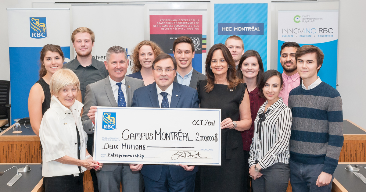 Les dignitaires et des étudiants entrepreneurs présents à l'annonce du don de RBC à Polytechnique Montréal, l'Université de Montréal et HEC Montréal. Les dignitaires et des étudiants entrepreneurs présents à l'annonce du don de RBC à Polytechnique Montréal, l'Université de Montréal et HEC Montréal.