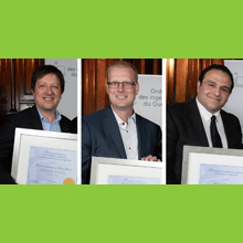 Frédéric Leblond, professeur titulaire au Département de génie physique; Jean-François Lévesque, diplômé au baccalauréat en génie informatique (Po 2006); Mohamed Khalil, doctorant en génie chimique. (Photos : OIQ)