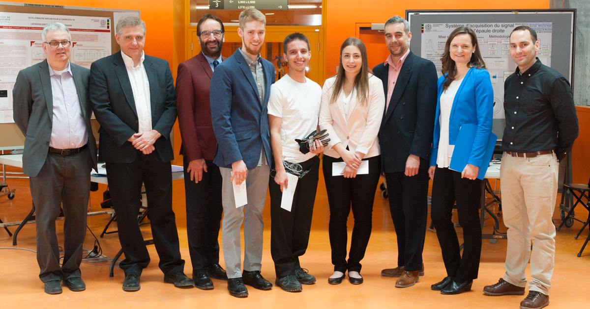 Les gagnants de prix et le jury de l'édition de l’hiver 2018 du cours GBM3100 à Polytechnique Montréal. Les gagnants de prix et le jury de l'édition de l’hiver 2018 du cours GBM3100 à Polytechnique Montréal.