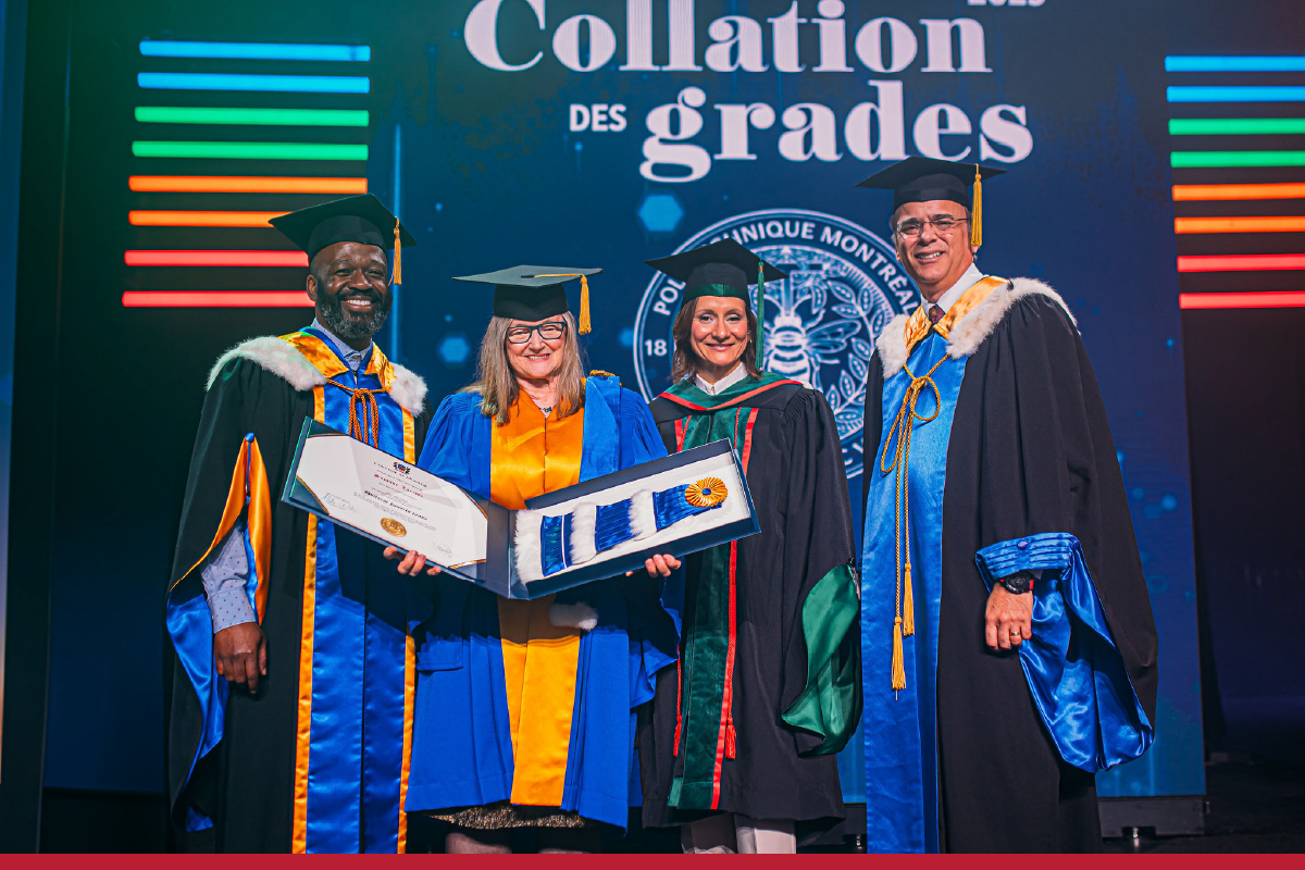 Frantz Saintellemy, chancelier de l'Université de Montréal; Suzanne Lacasse, récipiendaire d'un doctorat honoris causa; Maud Cohen, directrice générale de Polytechnique Montréal; Alexandre Chabot, secrétaire général de l'UdeM. (Photo : Caroline Perron) Frantz Saintellemy, chancelier de l'Université de Montréal; Suzanne Lacasse, récipiendaire d'un doctorat honoris causa; Maud Cohen, directrice générale de Polytechnique Montréal; Alexandre Chabot, secrétaire général de l'UdeM. (Photo : Caroline Perron)