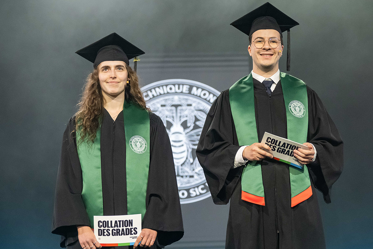 Daphnée Paradis, diplômée au baccalauréat en génie mécanique, et Sami Sahli, baccalauréat en génie chimique (Photo : Voltaic) Daphnée Paradis, diplômée au baccalauréat en génie mécanique, et Sami Sahli, baccalauréat en génie chimique (Photo : Voltaic)