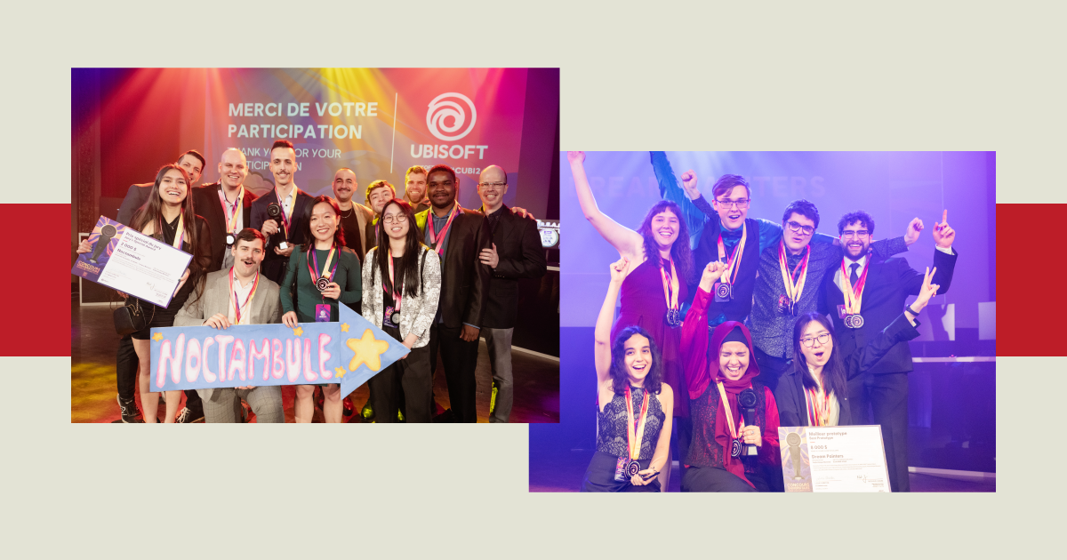 Les équipes des jeux Noctambule (à gauche) et Dream Painters (à droite). (Photos : Ubisoft)