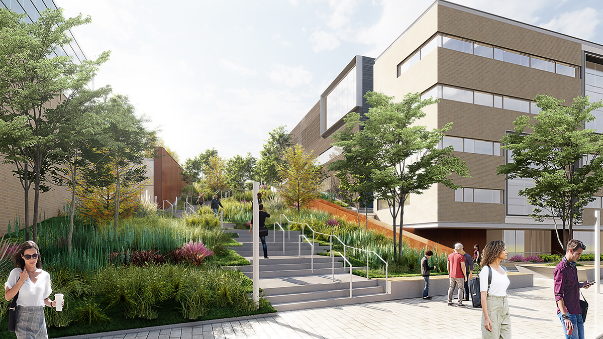 Représentation d'une nouvelle aile et de l'aménagement extérieur du pavillon J.-Armand-Bombardier de Polytechnique Montréal. (Illustration : NFOE+DMA+Provencher_Roy)