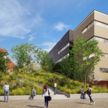 Représentation des agrandissements projetés au pavillon J.-Armand-Bombardier, sur le campus de Polytechnique Montréal. (Illustration : NFOE+DMA+Provencher_Roy en collaboration avec Projet|Paysage)