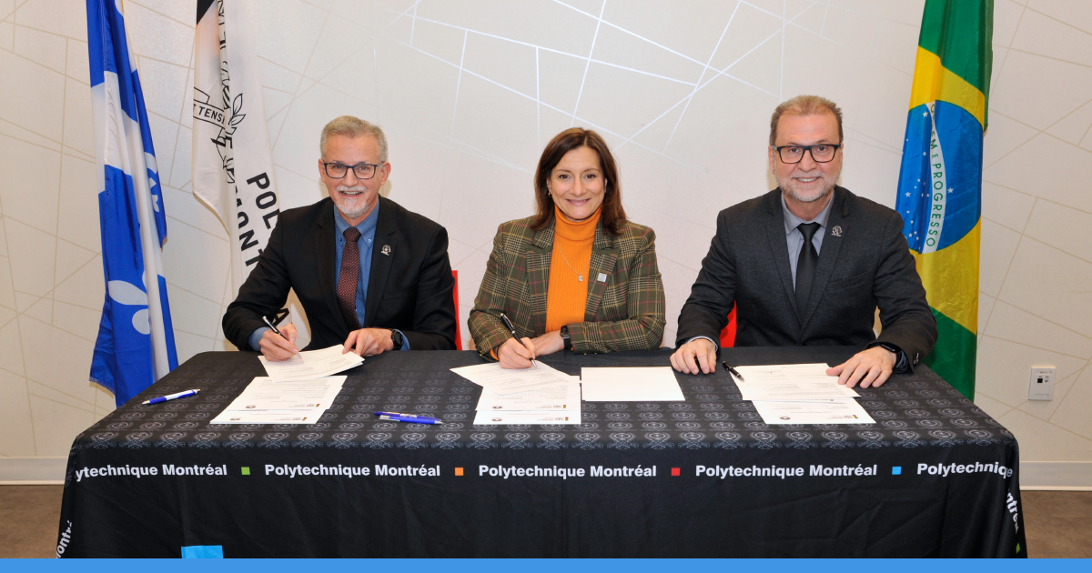 De gauche à droite : Pr Dr Antonio José de Almeida Meirelles, recteur d'Unicamp; Maud Cohen, directrice générale de Polytechnique Montréal; Pr Dr Osvandir Taranto, directeur des affaires internationales d'Unicamp. (Photo : Denis Bernier) De gauche à droite : Pr Dr Antonio José de Almeida Meirelles, recteur d'Unicamp; Maud Cohen, directrice générale de Polytechnique Montréal; Pr Dr Osvandir Taranto, directeur des affaires internationales d'Unicamp. (Photo : Denis Bernier)