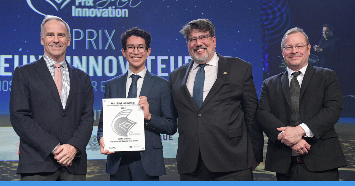 Remise du prix Jeune innovateur Réseau Technoscience – Super Expo-sciences Hydro-Québec au Gala Innovation 2023 de l'ADRIQ. Remise du prix Jeune innovateur Réseau Technoscience – Super Expo-sciences Hydro-Québec au Gala Innovation 2023 de l'ADRIQ.