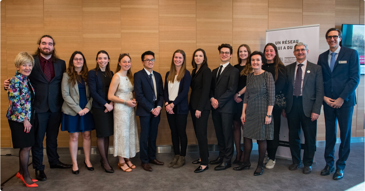 Les lauréates et les lauréats du Profil de Vinci 2019, en compagnie de Michèle Thibodeau-DeGuire, Isabelle Péan, Pierre Baptiste et Éric Doré. (Photo: PolyPhoto)