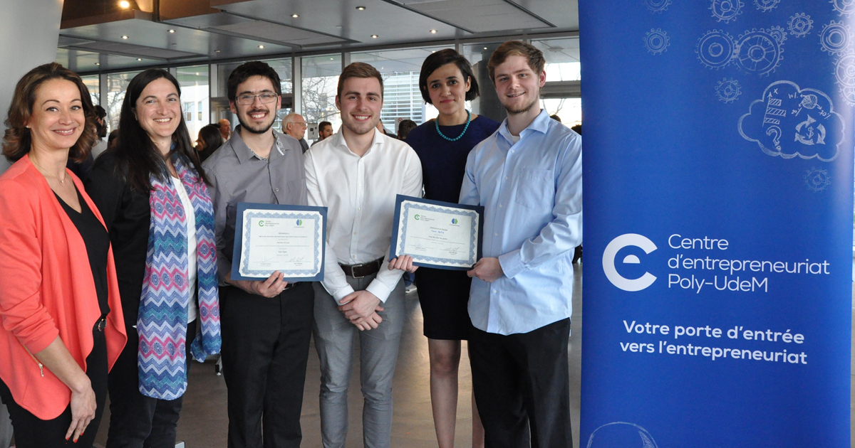 Les membres de l’équipe Eson Optix, accompagnés par des membres de l’équipe du Centre d’entrepreneuriat Poly-UdeM. Les membres de l’équipe Eson Optix, accompagnés par des membres de l’équipe du Centre d’entrepreneuriat Poly-UdeM.