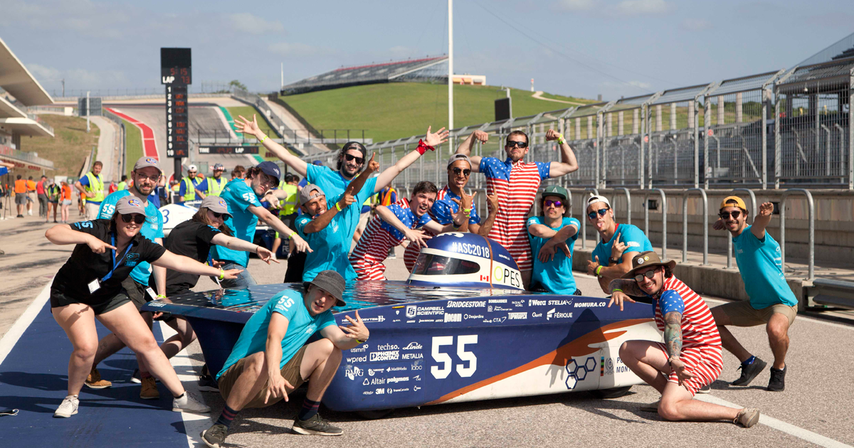 La délégation de la société technique Projet Esteban célèbre sa victoire à la compétition Formula Sun Grand Prix 2019, au Texas. (Photo : Projet Esteban) La délégation de la société technique Projet Esteban célèbre sa victoire à la compétition Formula Sun Grand Prix 2019, au Texas. (Photo : Projet Esteban)