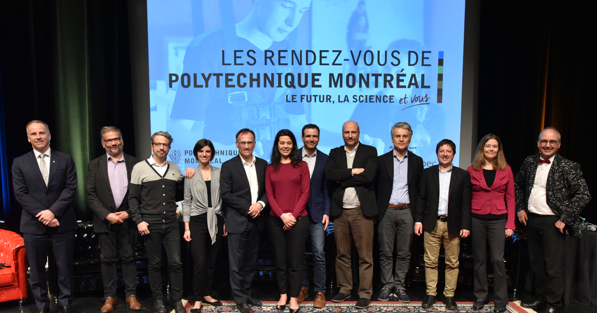 Les conférencières et les conférenciers de la deuxième édition des Rendez-vous de Polytechnique, accompagnés de François Bertrand, Matthieu Dugal et Luc Sirois. (Photo : Denis Bernier) Les conférencières et les conférenciers de la deuxième édition des Rendez-vous de Polytechnique, accompagnés de François Bertrand, Matthieu Dugal et Luc Sirois. (Photo : Denis Bernier)