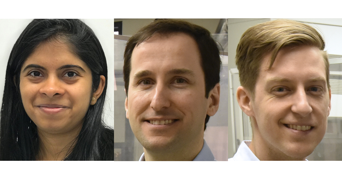 La diplômée au doctorat Sampada Bodkhe et les professeurs Daniel Therriault et Frédérick Gosselin. La diplômée au doctorat Sampada Bodkhe et les professeurs Daniel Therriault et Frédérick Gosselin.