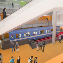 Rendu de la Station Polytechnique-Alstom qui sera installée sur un support en acier, dans le vide technique d’une cage d’escalier, dans l’Atrium Lorne-M.-Trottier des pavillons Lassonde de Polytechnique Montréal. (Rendu : EVOQ Architectes)