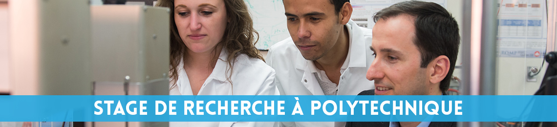 Image avec texte - Une étudiante et un étudiant accompagné d'un professeur travaillant dans un laboratoire de recherche - Texte sur image - Stage de recherche à Polytechnique - Polytechnique Montréal