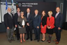 From left to right: Christophe Guy, Chief Executive Officer of Polytechique Montréal; Réal Ménard, in charge of sustainable development, environment, large parks and green spaces at the Ville de Montréal and Mayor of Mercier–Hochelaga-Maisonneuve borough; Sonia Gagné, Vice-President, Operational Performance, Development and Business Intelligence, RECYC-QUÉBEC; Robert Legros, holder of the Research Chair in Waste Recovery and professor in the Department of Chemical Engineering of Polytechnique Montréal; Réjean Samson, co-holder of the Research Chair in Waste Recovery and professor in the Department of Chemical Engineering of Polytechnique Montréal; Virginie Dufour, Executive Committee member in charge of environmental matters at the Ville de Laval and municipal councillor for Sainte-Rose district; Michèle Thibodeau-DeGuire, Principal and Chair of the Board of Directors of Polytechnique Montréal; François Bertrand, Chief Research, Innovation and International Officer of Polytechnique Montréal. From left to right: Christophe Guy, Chief Executive Officer of Polytechique Montréal; Réal Ménard, in charge of sustainable development, environment, large parks and green spaces at the Ville de Montréal and Mayor of Mercier–Hochelaga-Maisonneuve borough; Sonia Gagné, Vice-President, Operational Performance, Development and Business Intelligence, RECYC-QUÉBEC; Robert Legros, holder of the Research Chair in Waste Recovery and professor in the Department of Chemical Engineering of Polytechnique Montréal; Réje