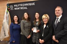 From left to right: Valérie Plante, mayor of Montreal; Nathalie Provost, Polytechnique graduate injured during the 1989 tragedy and ambassador of the Order of the White Rose; Ella Thomson, third recipient of the Order of the White Rose scholarship; Michèle Thibodeau-DeGuire, Principal and Chair of the Polytechnique Board of Directors, and Chair of the Order of the White Rose scholarship selection jury; François Bertrand, interim CEO of Polytechnique Montréal. From left to right: Valérie Plante, mayor of Montreal; Nathalie Provost, Polytechnique graduate injured during the 1989 tragedy and ambassador of the Order of the White Rose; Ella Thomson, third recipient of the Order of the White Rose scholarship; Michèle Thibodeau-DeGuire, Principal and Chair of the Polytechnique Board of Directors, and Chair of the Order of the White Rose scholarship selection jury; François Bertrand, interim CEO of Polytechnique Montréal.