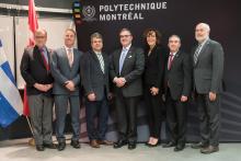 De gauche à droite : Michel Gendreau, directeur du Département de mathématiques et de génie industriel de Polytechnique Montréal; François Bertrand, directeur de la Recherche, de l'Innovation et des Affaires internationales de Polytechnique Montréal; Éric Deschenes, vice-président Segment Mine, Minéraux & Métaux – Région Amérique du Nord chez Schneider Electric; Miguel Anjos, professeur titulaire au sein du Département de mathématiques et de génie industriel de Polytechnique Montréal et directeur de la Chaire de recherche industrielle CRSNG-Hydro-Québec-Schneider Electric en optimisation des réseaux électriques intelligents; Bettina Hamelin, vice-présidente à la Direction des partenariats de recherche au CRSNG; Karim Zaghib, directeur principal par intérim à l’Institut de recherche d’Hydro-Québec; Christophe Guy, directeur général de Polytechnique Montréal. De gauche à droite : Michel Gendreau, directeur du Département de mathématiques et de génie industriel de Polytechnique Montréal; François Bertrand, directeur de la Recherche, de l'Innovation et des Affaires internationales de Polytechnique Montréal; Éric Deschenes, vice-président Segment Mine, Minéraux & Métaux – Région Amérique du Nord chez Schneider Electric; Miguel Anjos, professeur titulaire au sein du Département de mathématiques et de génie industriel de Polytechnique Montréal et directeur de la Cha