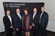 De gauche à droite : Rémi Fournier, vice-président aux ventes et à l'ingénierie de Fibrenoire; Christophe Guy, directeur général de Polytechnique Montréal; Hélène David, ministre responsable de l’Enseignement supérieur du gouvernement du Québec; Benjamin Desmarais, chef de la direction de Fibrenoire; Jean-François Lévesque, directeur de la technologie de Fibrenoire.