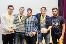 Les gagnants du 3e prix du marathon de programmation Hackatown 2017 : Équipe « Mon parc ». De gauche à droite : Maxime Pérusse, Mathieu Gamache, Alex Gagné, Konstantin Fedorov. (Crédit photo : Loïc Bellemare-Alford, PolyPhoto) Les gagnants du 3e prix du marathon de programmation Hackatown 2017 : Équipe « Mon parc ». De gauche à droite : Maxime Pérusse, Mathieu Gamache, Alex Gagné, Konstantin Fedorov. (Crédit photo : Loïc Bellemare-Alford, PolyPhoto)