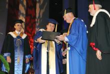 De gauche à droite : M. Alexandre Chabot, secrétaire général de l’Université de Montréal; M. Guy Breton, recteur de l’Université de Montréal; M. Paul Lepage, président de TELUS Santé; M. Christophe Guy, directeur général de Polytechnique Montréal.
