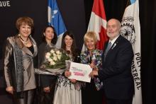 Hélène David, minister responsible for Higher Education; Nathalie Provost, Polytechnique graduate injured during the 1989 tragedy and ambassador of the Order of the White Rose; Liane Bernstein, second recipient of the Order of the White Rose scholarship; Michèle Thibodeau-DeGuire, Principal and Chair of the Polytechnique Board of Directors, and Chair of the Order of the White Rose scholarship selection jury; Christophe Guy, CEO of Polytechnique. Hélène David, minister responsible for Higher Education; Nathalie Provost, Polytechnique graduate injured during the 1989 tragedy and ambassador of the Order of the White Rose; Liane Bernstein, second recipient of the Order of the White Rose scholarship; Michèle Thibodeau-DeGuire, Principal and Chair of the Polytechnique Board of Directors, and Chair of the Order of the White Rose scholarship selection jury; Christophe Guy, CEO of Polytechnique.