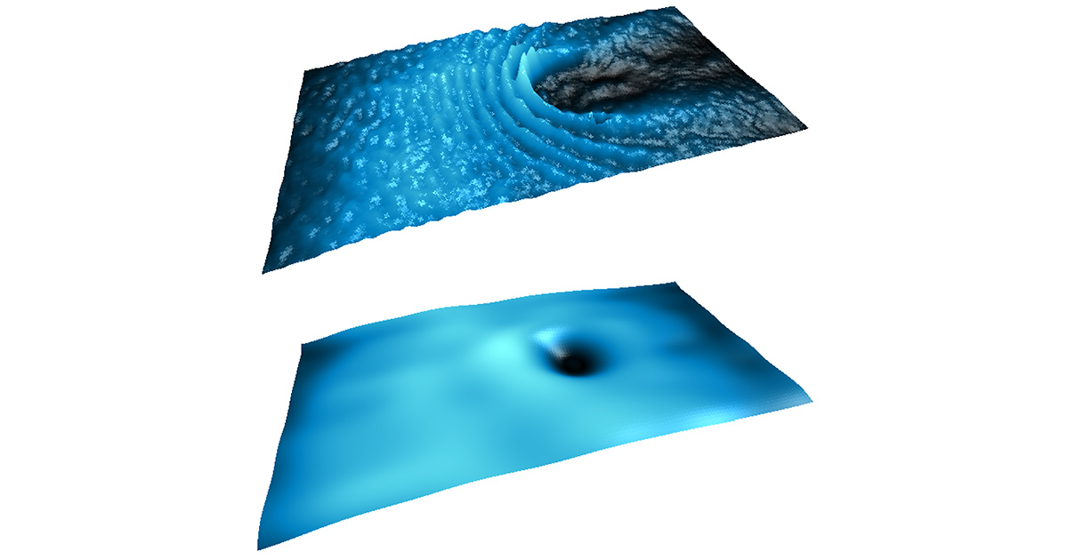 L’écoulement de polaritons rencontre un obstacle dans un régime supersonique (haut) et superfluide (bas). L’écoulement de polaritons rencontre un obstacle dans un régime supersonique (haut) et superfluide (bas).